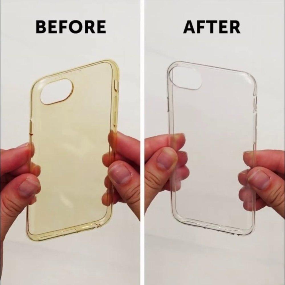 before and after cleaning clear phone case showing yellow stain removal