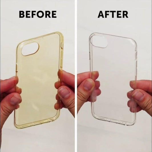 before and after cleaning clear phone case showing yellow stain removal