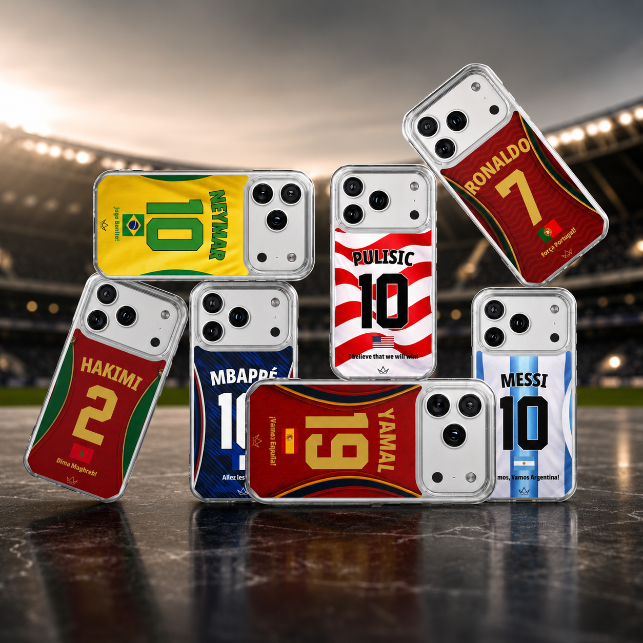 fifa World Cup 2026 collection of transparent smartphone cases featuring international football jersey designs, displayed in a premium stadium-inspired setting.
