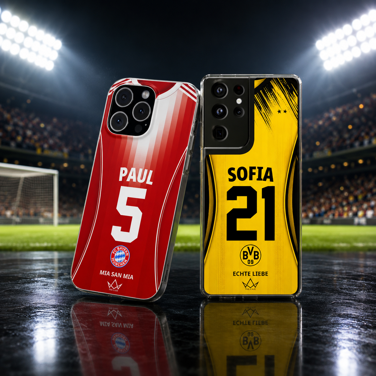Two personalized football phone cases displayed in a stadium under bright floodlights, featuring custom names and numbers with yellow and blue jersey-inspired designs of bayern and dortmund football teams.
