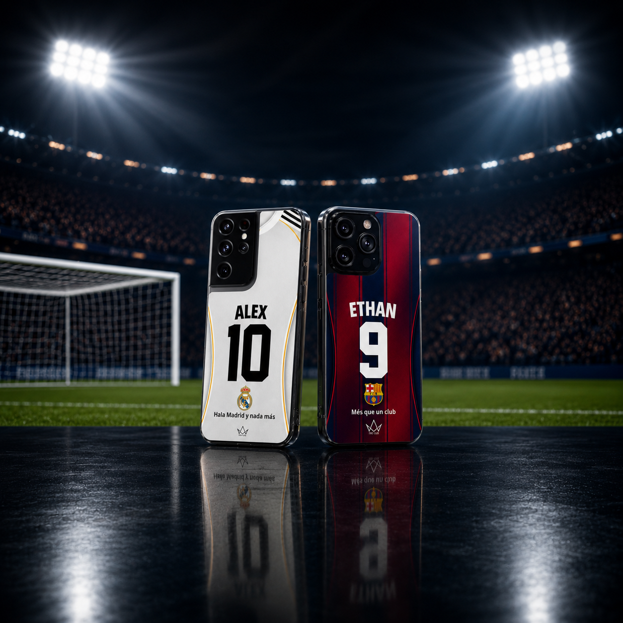 Two personalized football phone cases inspired by LaLiga jersey designs, featuring custom names and numbers, displayed in a stadium under bright lights on a glossy surface.