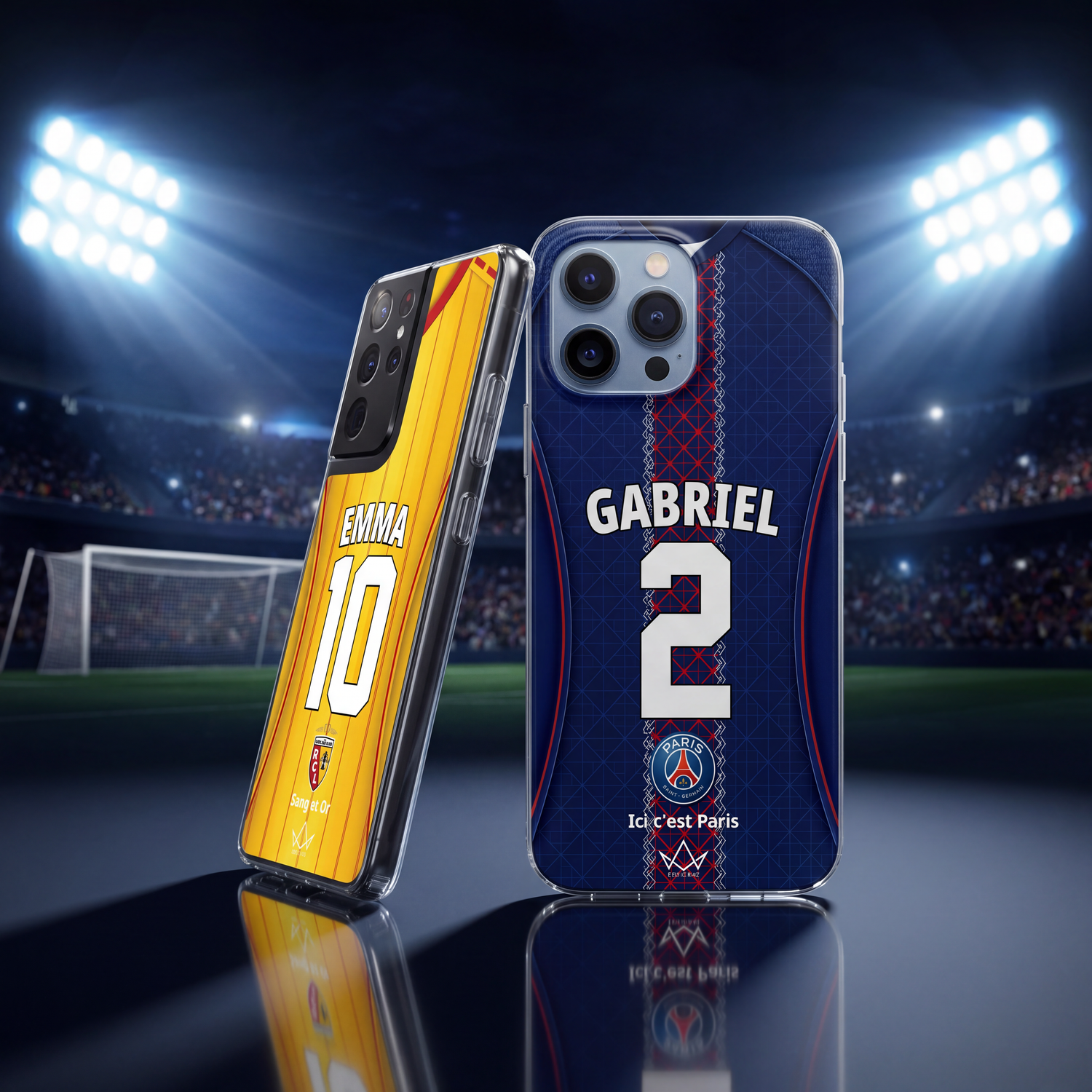 Two personalized football phone cases displayed in a stadium under bright floodlights, featuring custom names and numbers with yellow and blue jersey-inspired designs of PQG and Lens football teams.