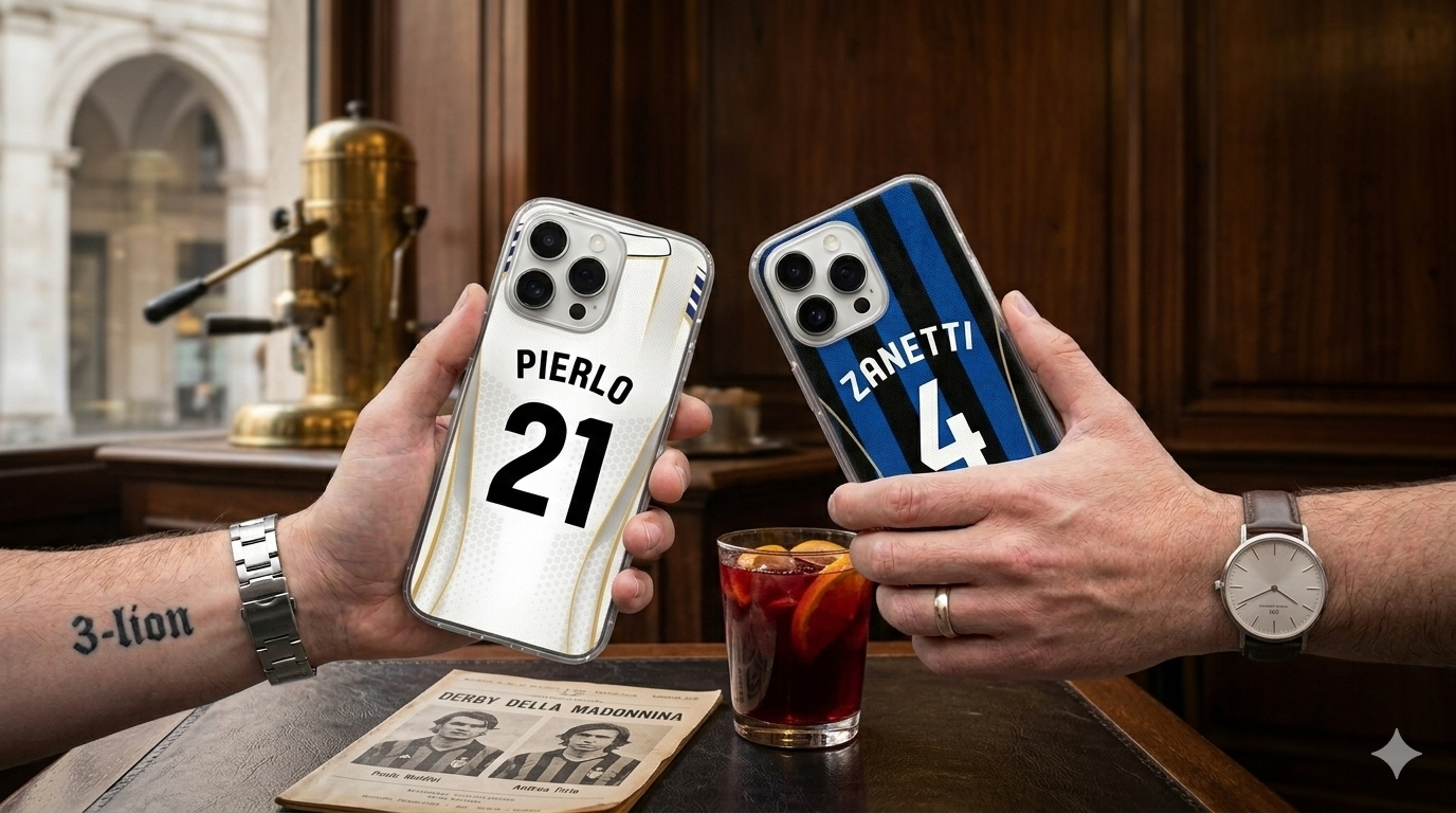 Two personalized soccer phone cases held in hands against a blurred Italian cafe background. One case features Juventus-inspired white and gold stripes with Pirlo 21, and one shows Inter-inspired black and blue stripes with Zanetti 4.