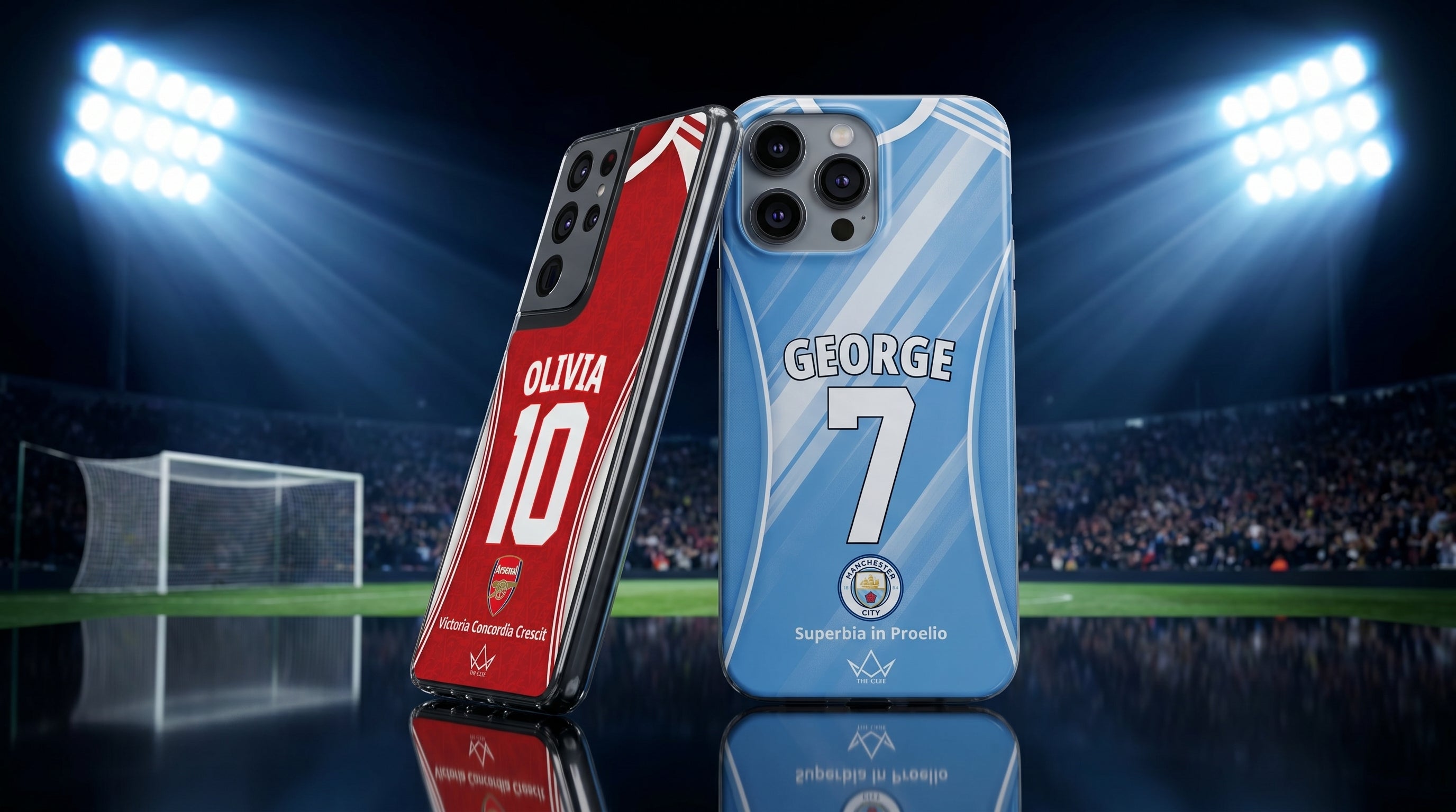 Two personalized football phone cases displayed in a stadium under bright floodlights, featuring custom names and numbers with yellow and blue jersey-inspired designs of arsenal and man city football teams.